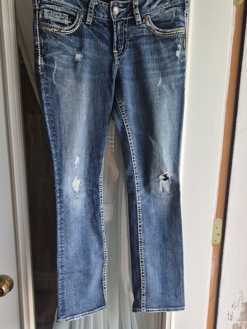 Silver Jeans Women's Blue Distressed Boot Cut Jeans